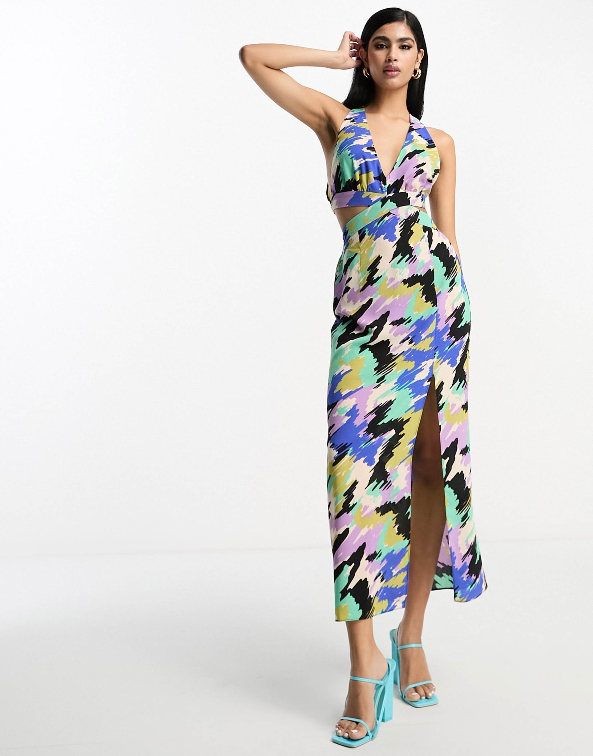 asos design halter neck cut out midi dress in bright sketch print