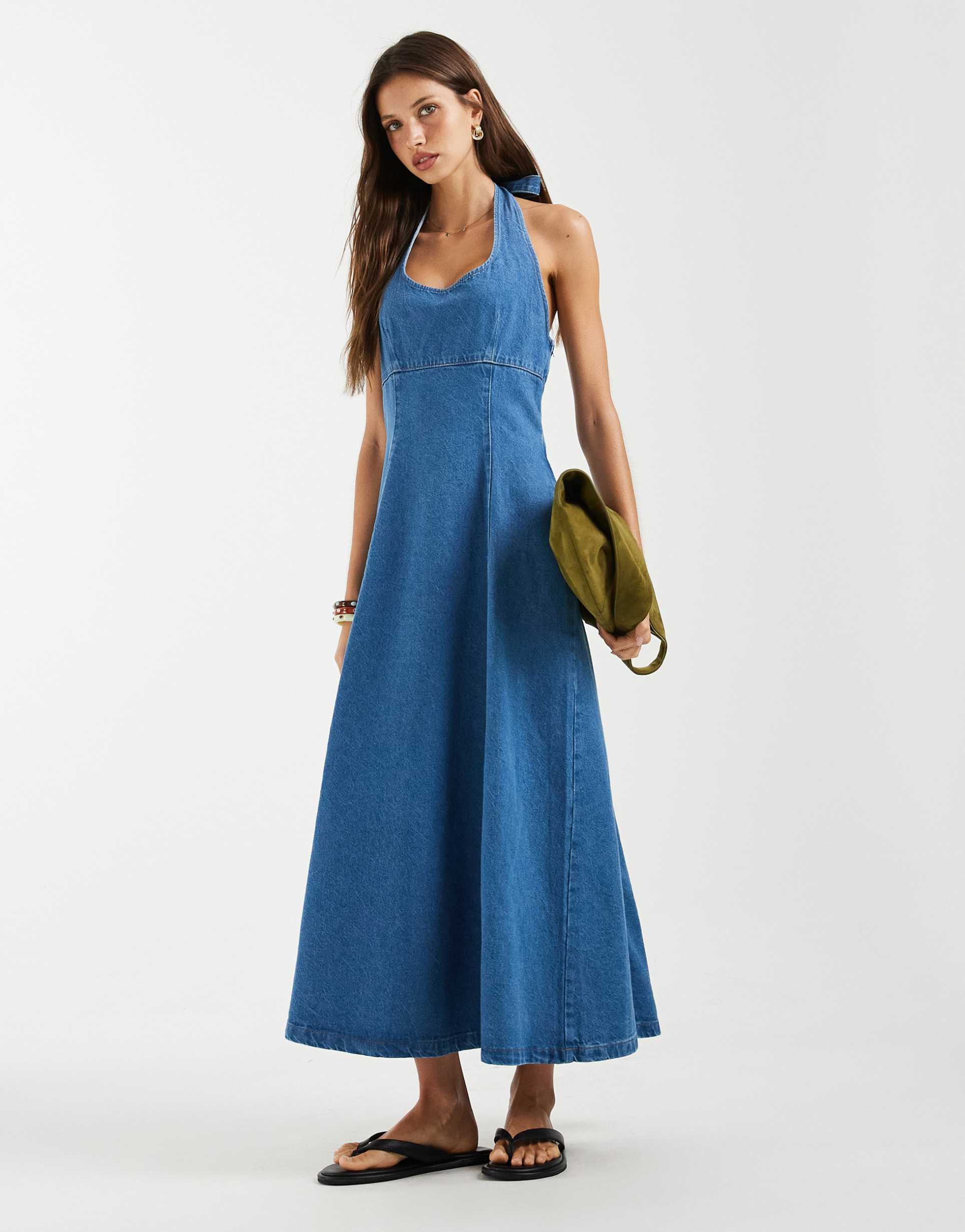 asos design halter neck denim midaxi dress in blue