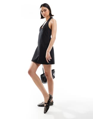 Asos Design Halter Neck Denim Mini Dress In Black