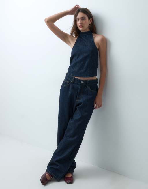 ASOS DESIGN halter neck denim top with tie back detail in rinse co-ord, 2 of 4