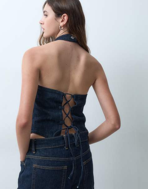 ASOS DESIGN halter neck denim top with tie back detail in rinse set - view 1