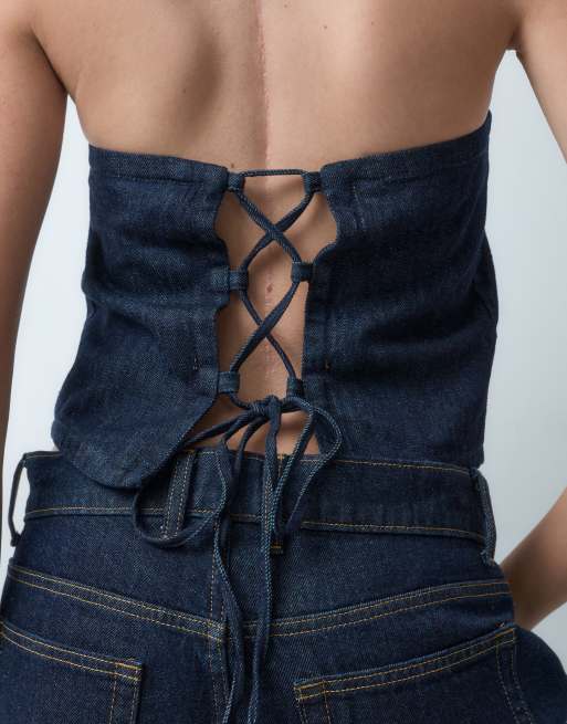 ASOS DESIGN halter neck denim top with tie back detail in rinse set, 3 of 4