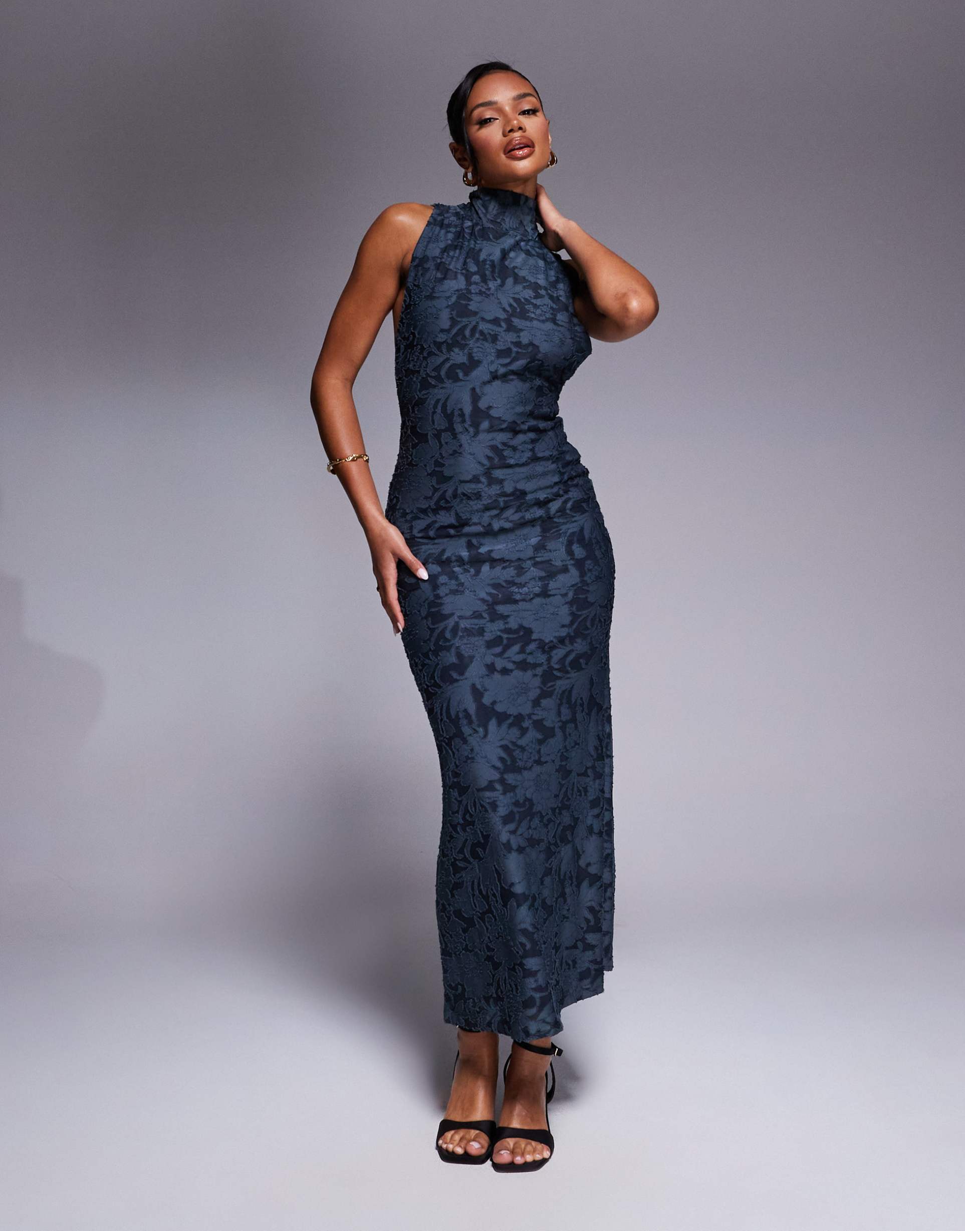 asos design halter neck devore maxi dress with open back and drape detail in blue