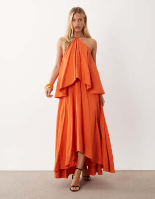 Asos Design Halter Neck Double Layer Open Back Volume Maxi Dress In Orange