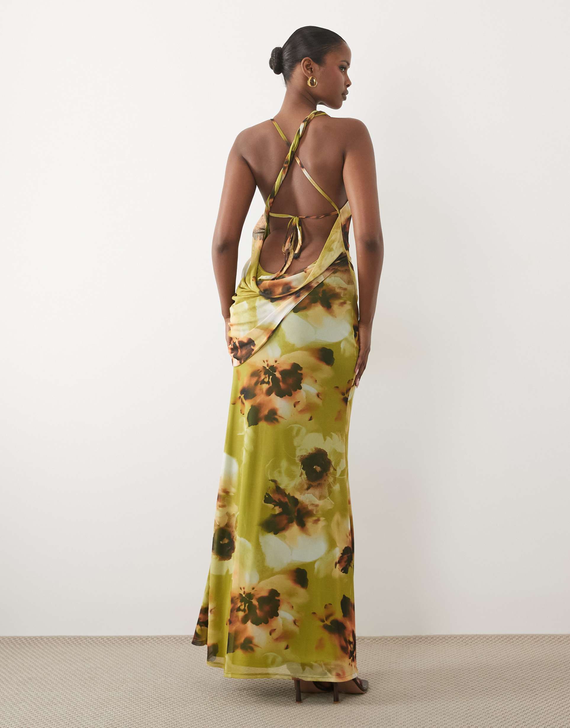 asos design halter neck draped detail slinky maxi dress in green floral
