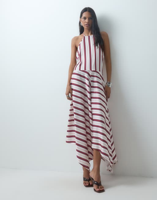 ASOS DESIGN halter neck dress with asymmetric hem in multi stripe, 2 of 4