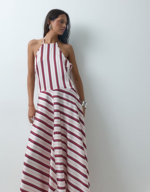 ASOS DESIGN halter neck dress with asymmetric hem in multi striped print, 3 of 4
