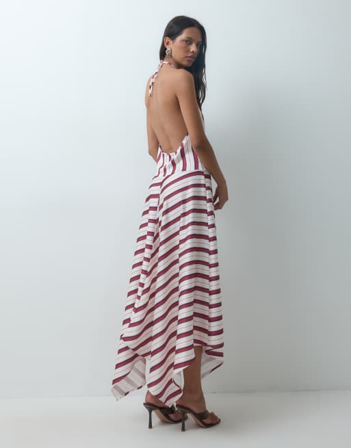 ASOS DESIGN halter neck dress with asymmetric hem in multi striped print, 4 of 4
