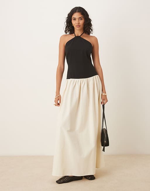 black and white halter neck dress Petal Pup Women's Solene Maxi Halterneck Pup Solene Maxi Halterneck Dress ASOS DESIGN halter neck dropped