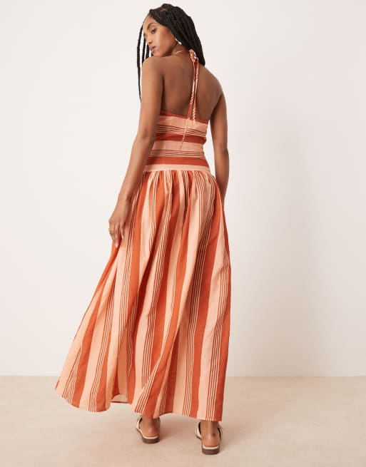 ASOS DESIGN halter neck dropped waist maxi in terracotta stripe