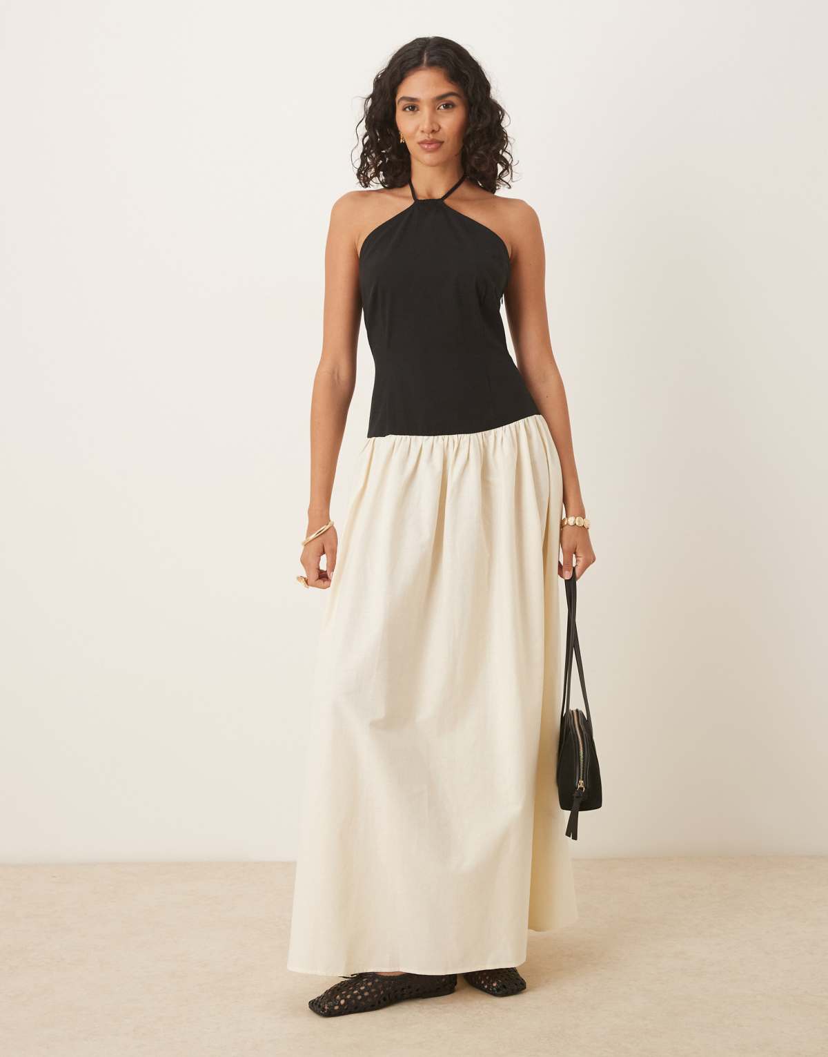 ASOS DESIGN halter neck dropped waist maxi in black and white colourblock
