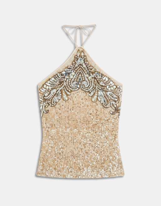 ASOS DESIGN halter neck embellished sequin cami in gold, 5 of 8