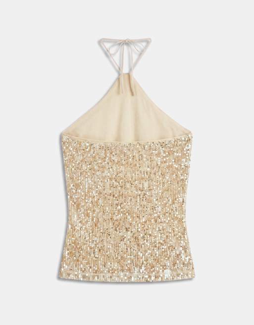 ASOS DESIGN halter neck embellished sequin cami in gold, 6 of 8