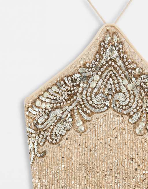 ASOS DESIGN halter neck embellished sequin cami in gold, 8 of 8