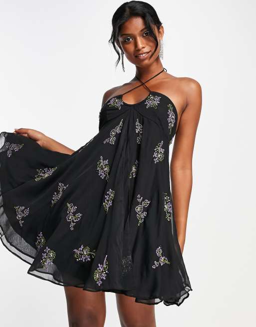 ASOS DESIGN halter neck floral embellished mini dress in black ASOS