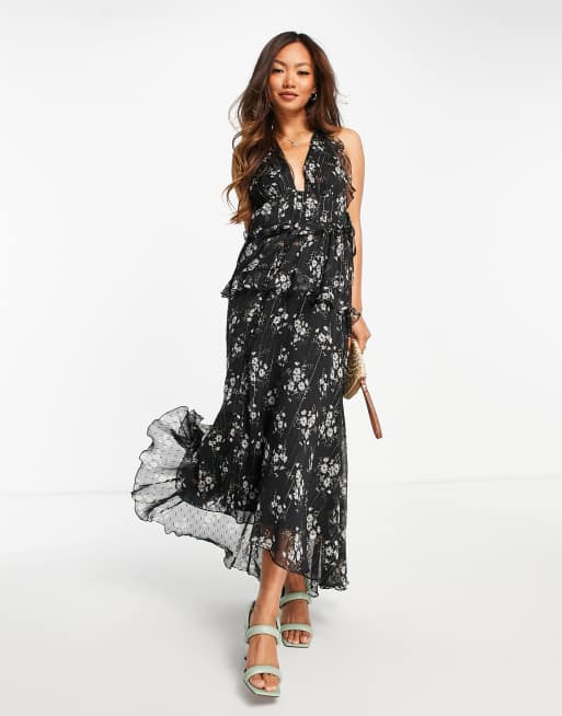 ASOS DESIGN halter neck floral print midi dress with ruffle detail