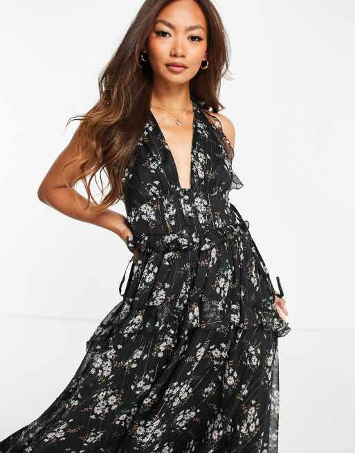 ASOS DESIGN halter neck floral print midi dress with ruffle detail