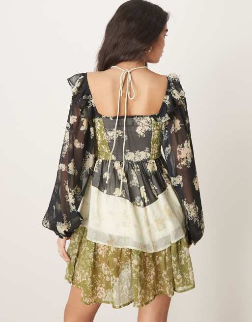 ASOS DESIGN halter neck frill mini dress in mixed ditsy print, 3 of 4