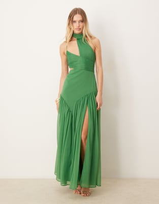 Asos Design Halter Neck Gathered Full Skirt Maxi Dress In Green
