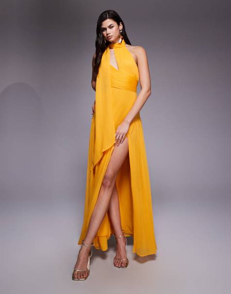 ASOS DESIGN halter neck gathered full skirt maxi dress with scarf in orange - view 1