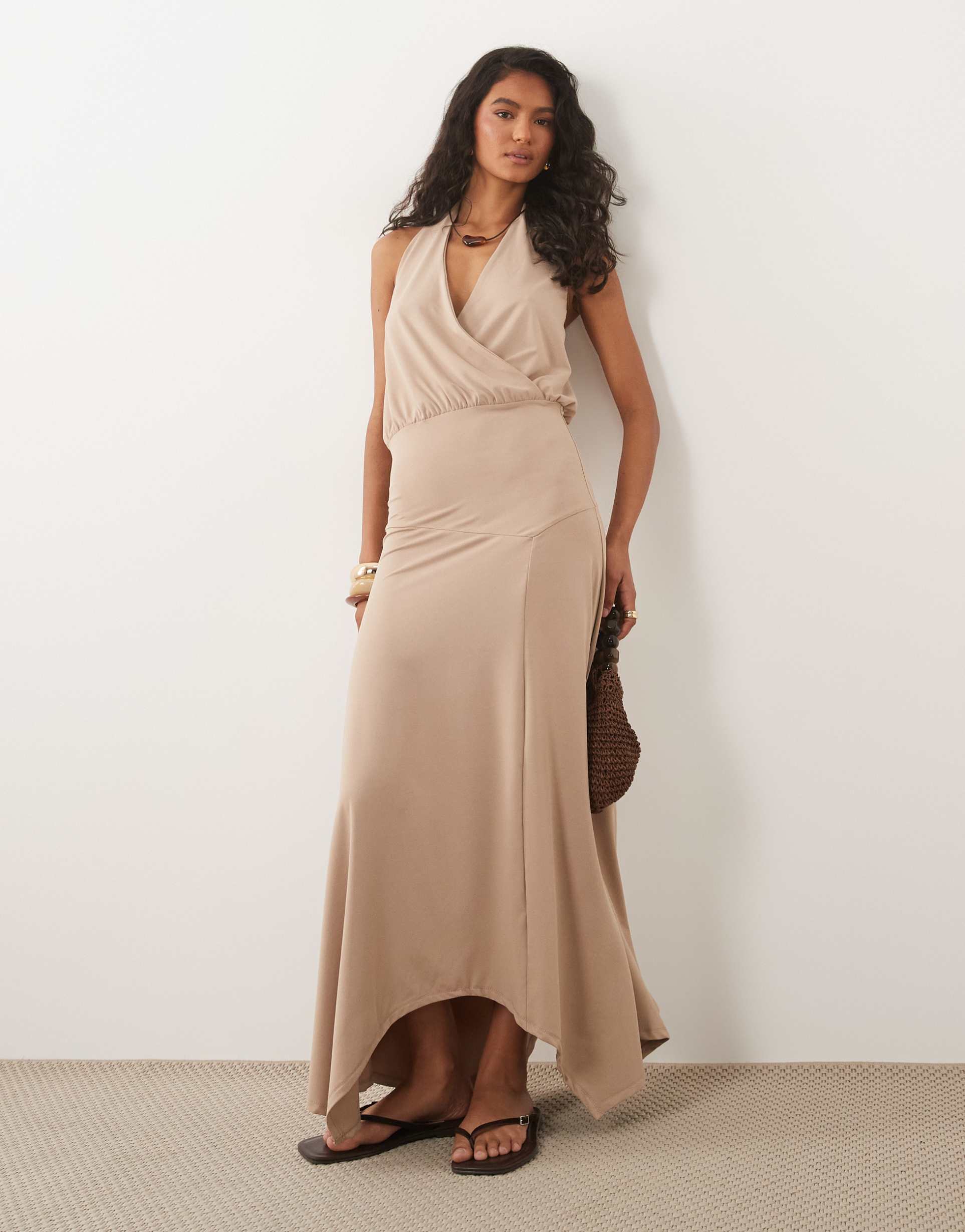 asos design halter neck hanky hem midi dress in chocolate
