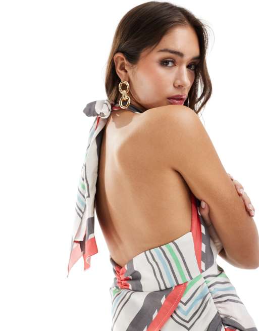 ASOS DESIGN halter neck hi low hem midi dress in scarf border print, 2 of 4