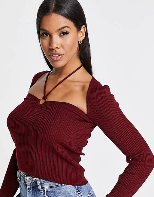 Jumpers & Cardigans halter neck jumper with ring detail in dark red 