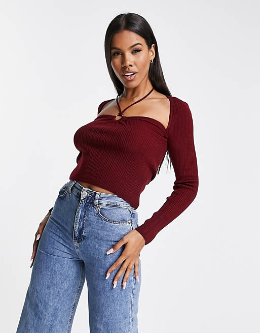 Jumpers & Cardigans halter neck jumper with ring detail in dark red 