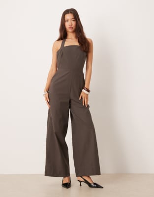 Asos Design Halter Neck Jumpsuit In Gray