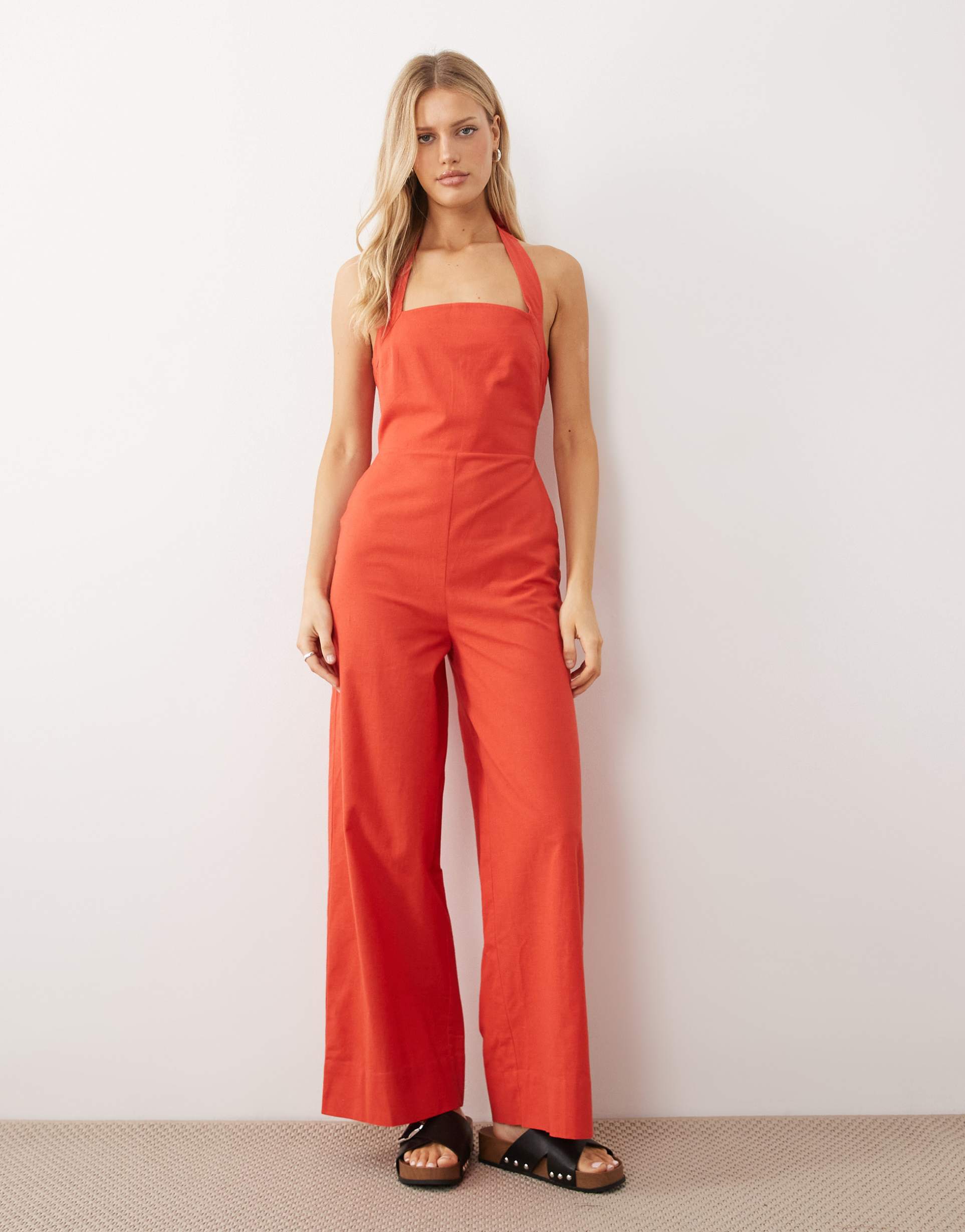 asos design halter neck jumpsuit in red