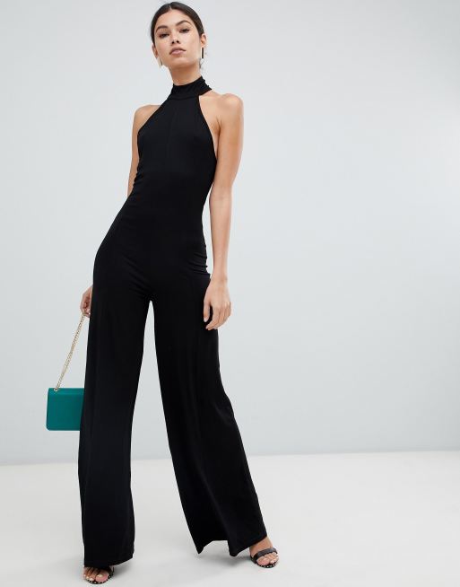 ASOS DESIGN textured halter jumpsuit with belt and large pocket in