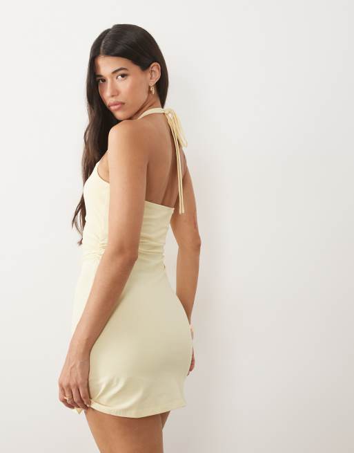ASOS DESIGN halter neck knot detail mini dress in yellow, 4 of 4