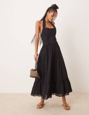 halter neck lace prairie dress with pintucks in black