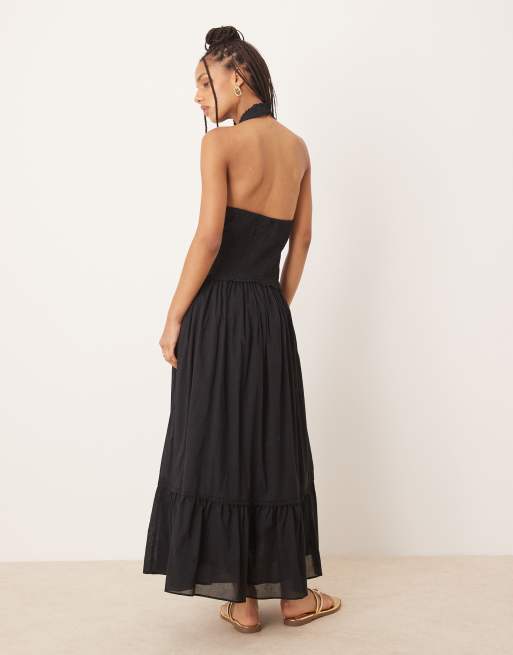 ASOS DESIGN halter neck lace prairie dress with pintucks in black