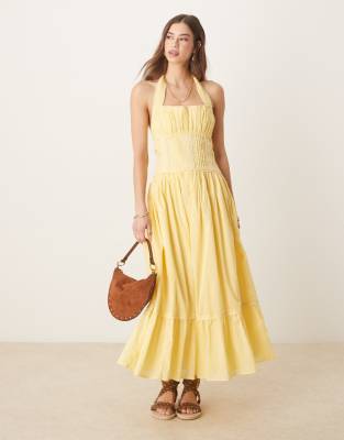 Asos Design Halter Neck Lace Prairie Dress With Pintucks