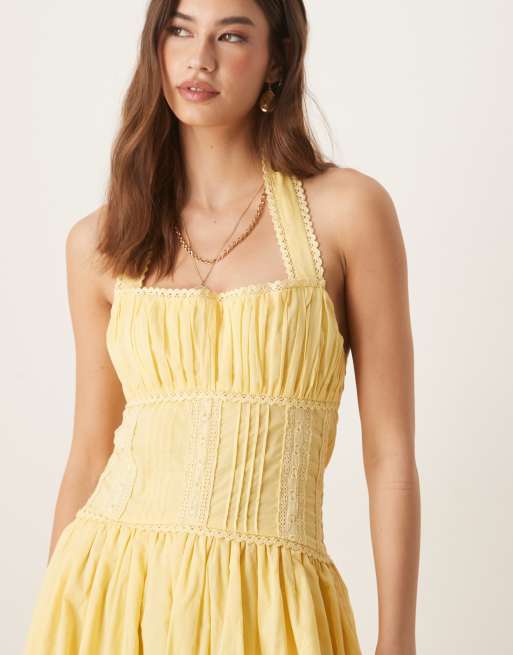 ASOS DESIGN halter neck lace prairie dress with pintucks in lemon