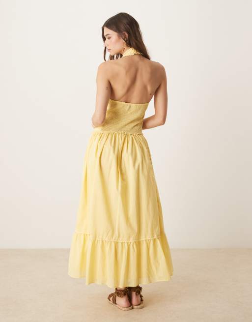 ASOS DESIGN halter neck lace prairie dress with pintucks in lemon