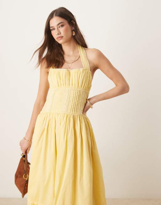 ASOS DESIGN halter neck lace prairie dress with pintucks in lemon