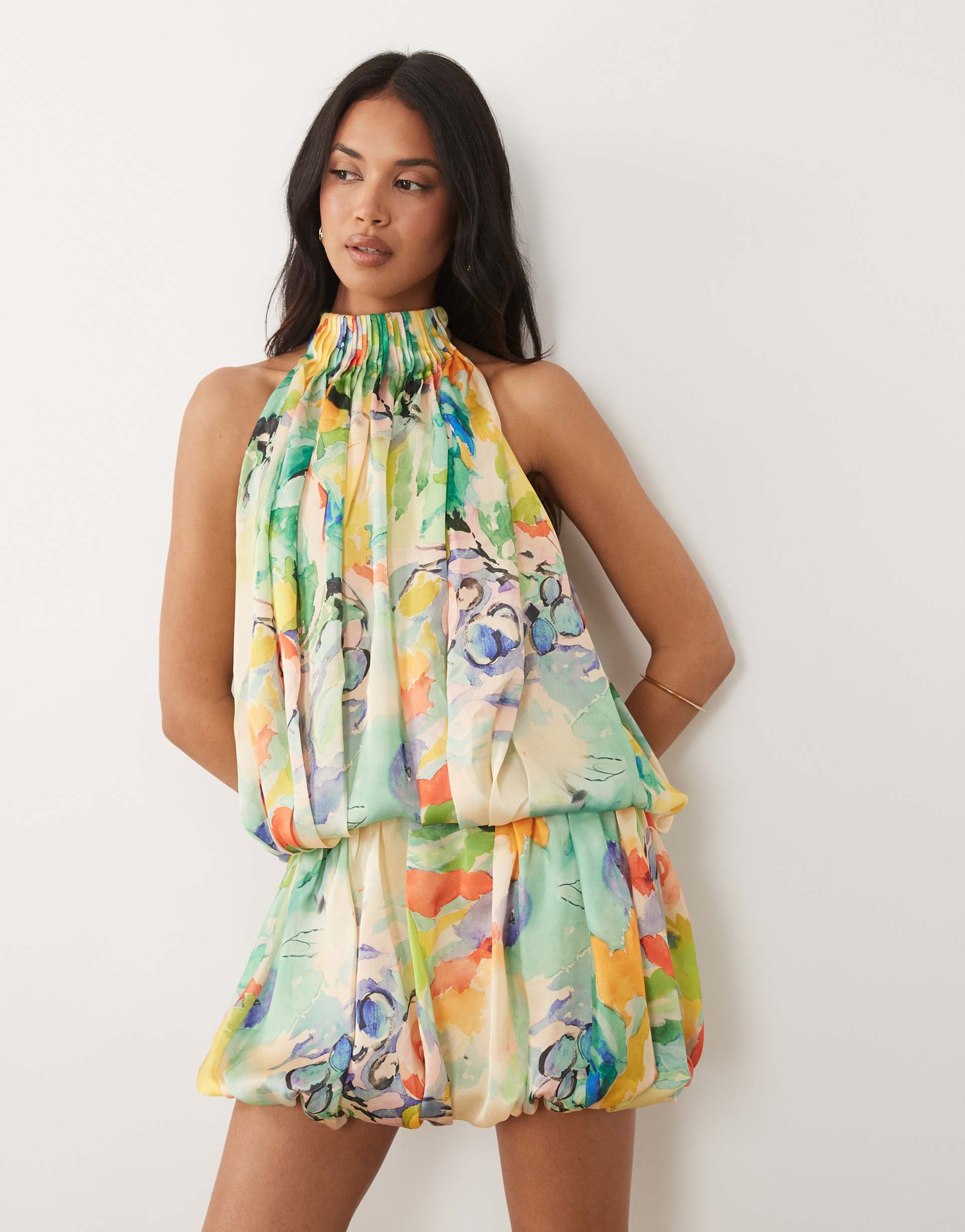 asos design halter neck layered bubble satin mini dress in abstract floral print