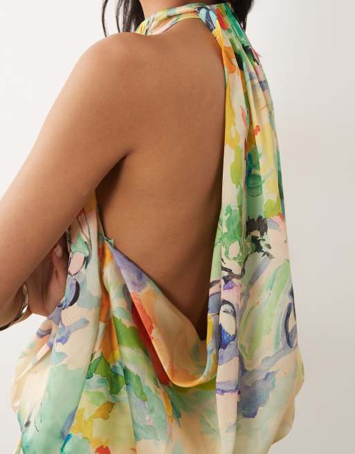 graphic floral halterneck satin mini dress Cream Satin Floral Print Halterneck Mini Dress | AX Paris