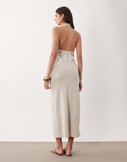 ASOS DESIGN halter neck linen-look slip maxi sundress with bust in neutral stripe, 4 of 4