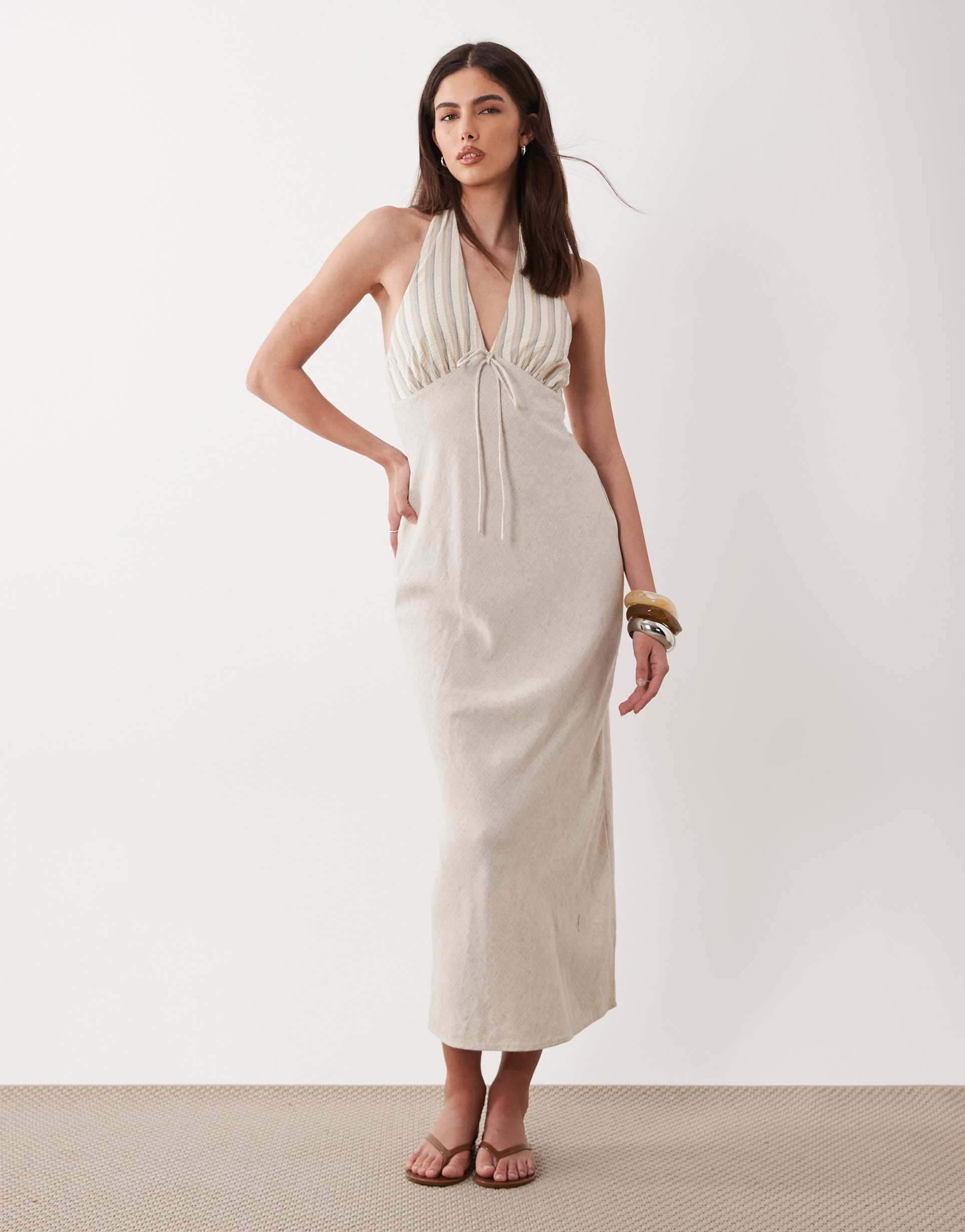 asos design halter neck linen look slip maxi sundress with striped bust in neutral