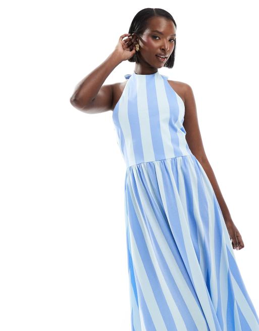 ASOS DESIGN halter neck low back maxi dress in blue stripe | ASOS