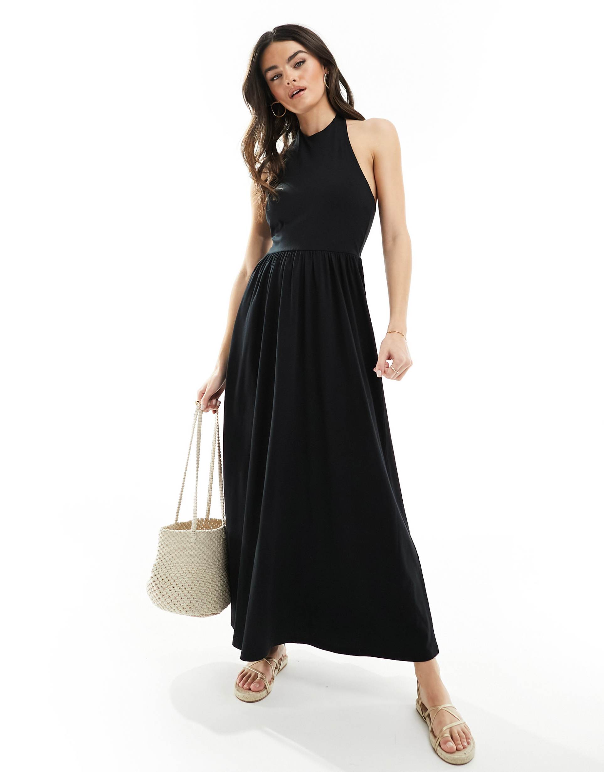 asos design halter neck low back maxi sundress in black