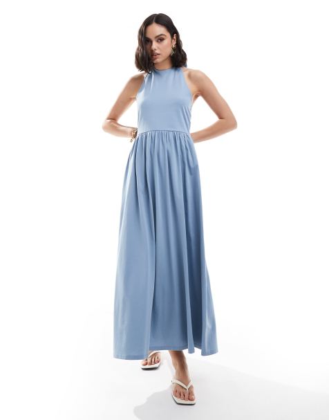 ASOS DESIGN halter neck low back maxi sundress in faded blue - view 1
