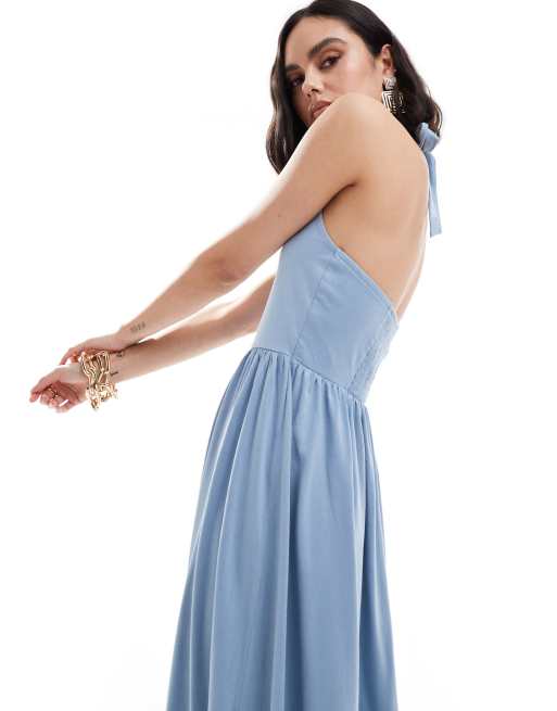 ASOS DESIGN halter neck low back maxi sundress in faded blue | ASOS