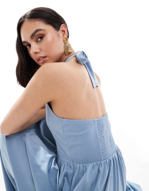asos blue backless dress ASOS DESIGN halter neck low back maxi sundress in faded blue