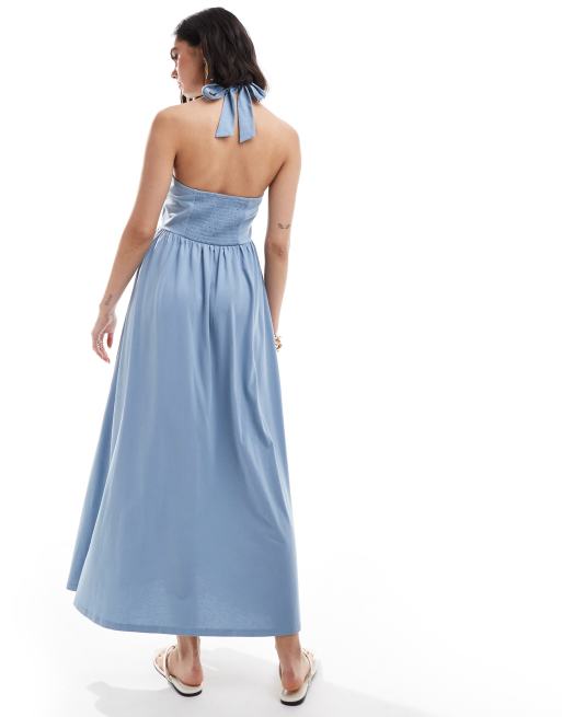 ASOS DESIGN halter neck low back maxi sundress in faded blue | ASOS