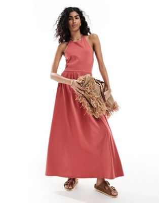 halter neck low back maxi sundress in mineral red-Pink