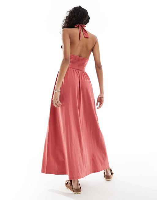 ASOS DESIGN halter neck low back maxi sundress in mineral red | ASOS